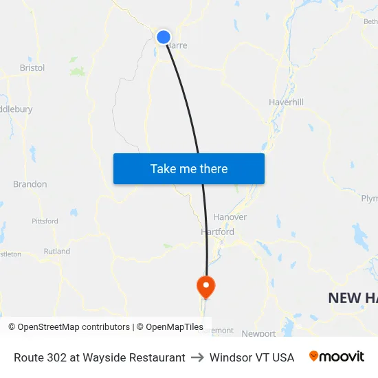 Route 302 at Wayside Restaurant to Windsor VT USA map