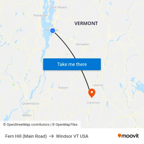 Fern Hill (Main Road) to Windsor VT USA map