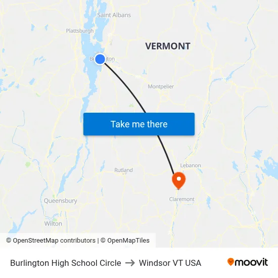 Burlington High School Circle to Windsor VT USA map