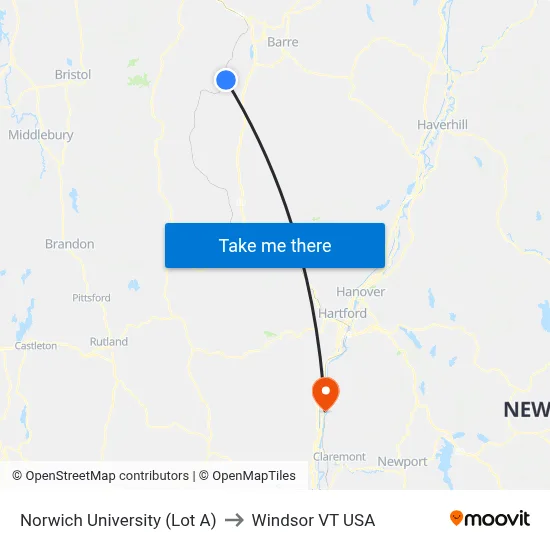 Norwich University (Lot A) to Windsor VT USA map