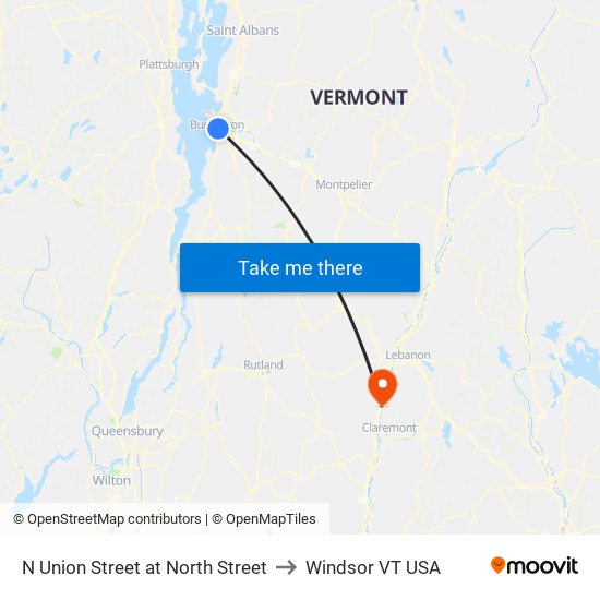 N Union Street at North Street to Windsor VT USA map