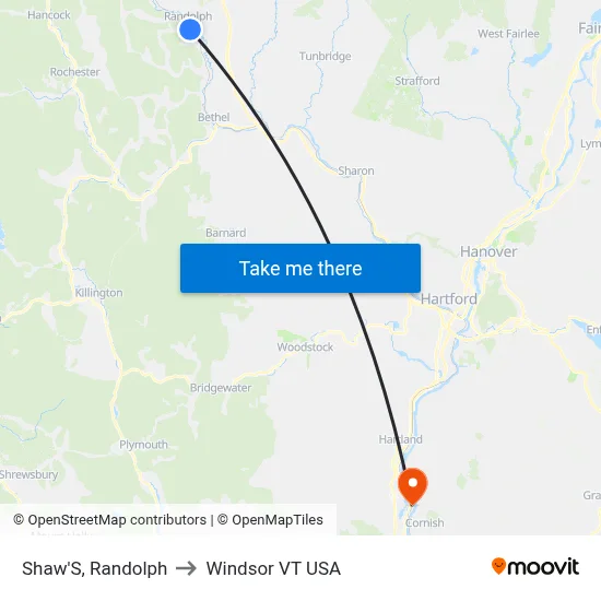 Shaw'S, Randolph to Windsor VT USA map