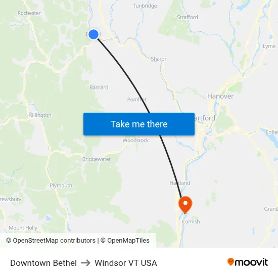 Downtown Bethel to Windsor VT USA map