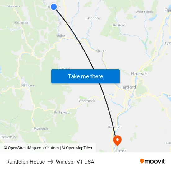 Randolph House to Windsor VT USA map