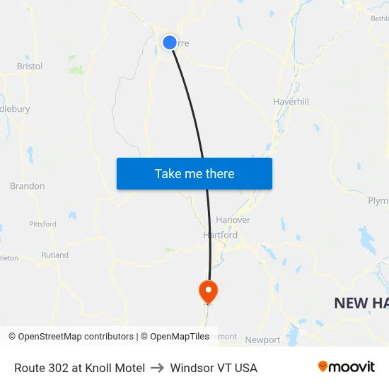 Route 302 at Knoll Motel to Windsor VT USA map