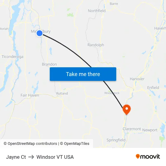 Jayne Ct to Windsor VT USA map