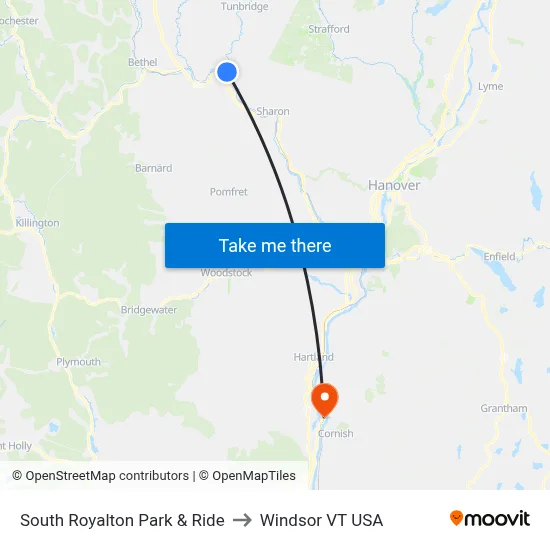 South Royalton Park & Ride to Windsor VT USA map