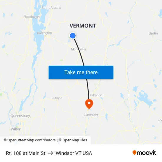 Rt. 108 at Main St to Windsor VT USA map