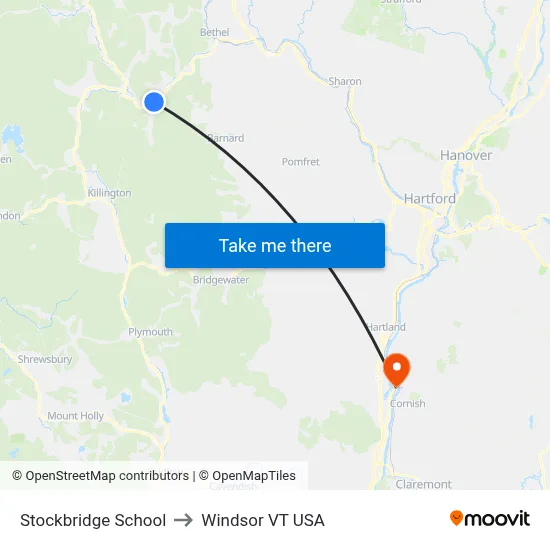 Stockbridge School to Windsor VT USA map