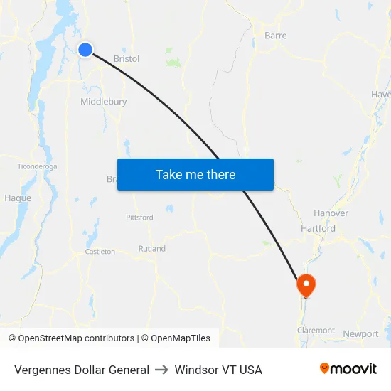 Vergennes Dollar General to Windsor VT USA map