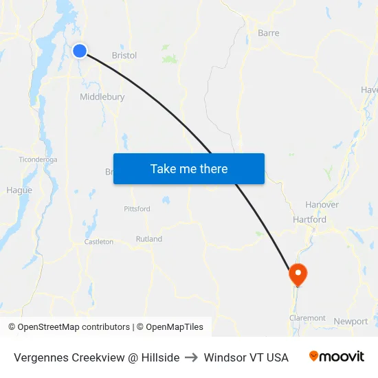 Vergennes Creekview @ Hillside to Windsor VT USA map