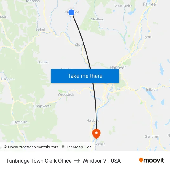 Tunbridge Town Clerk Office to Windsor VT USA map
