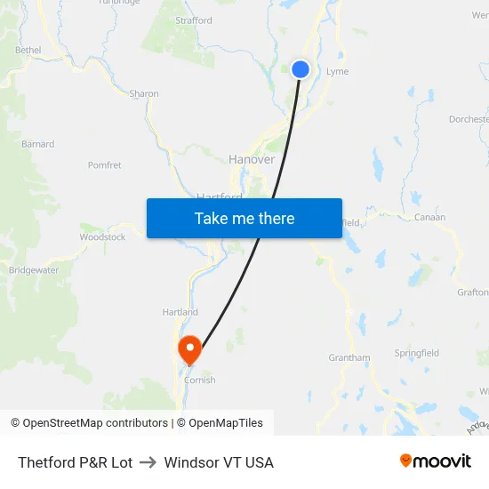 Thetford P&R Lot to Windsor VT USA map
