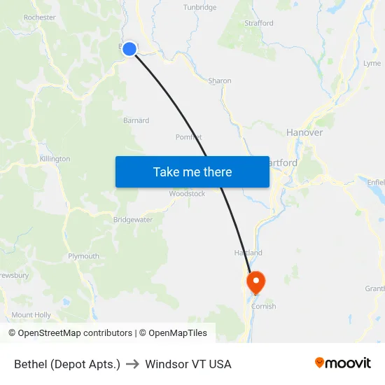 Bethel (Depot Apts.) to Windsor VT USA map