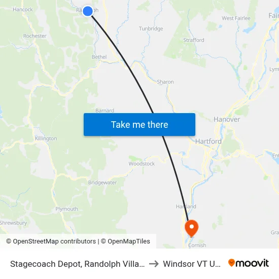 Stagecoach Depot, Randolph Village to Windsor VT USA map