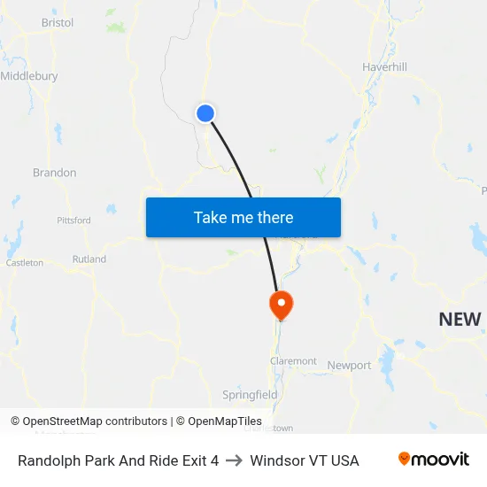 Randolph Park And Ride Exit 4 to Windsor VT USA map