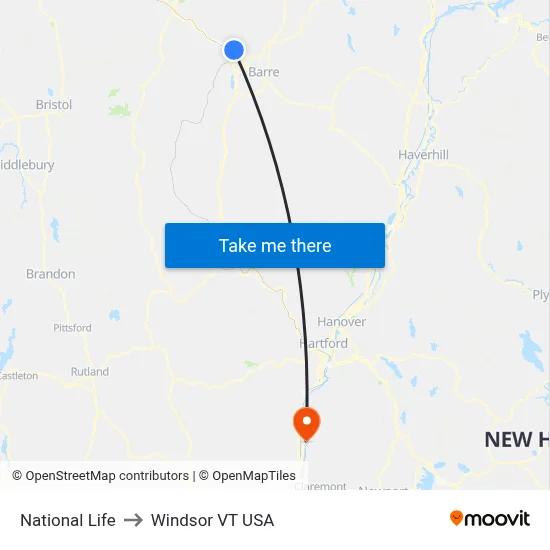 National Life to Windsor VT USA map