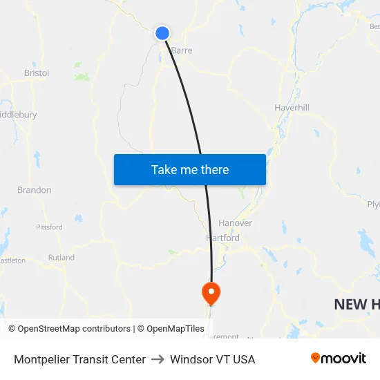 Montpelier Transit Center to Windsor VT USA map