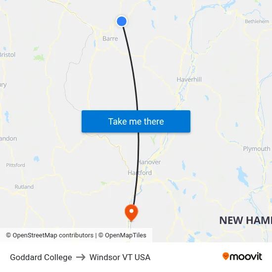 Goddard College to Windsor VT USA map