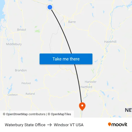 Waterbury State Office to Windsor VT USA map