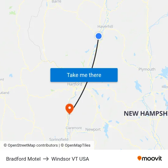 Bradford Motel to Windsor VT USA map