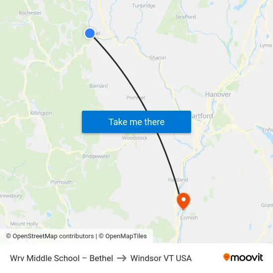 Wrv Middle School – Bethel to Windsor VT USA map