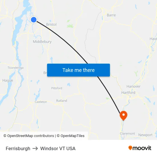 Ferrisburgh to Windsor VT USA map