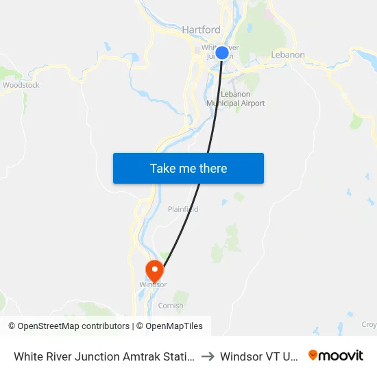 White River Junction Amtrak Station to Windsor VT USA map