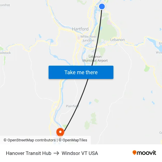 Hanover Transit Hub to Windsor VT USA map
