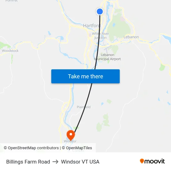 Billings Farm Road to Windsor VT USA map