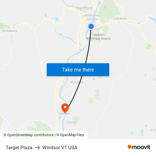 Target Plaza to Windsor VT USA map