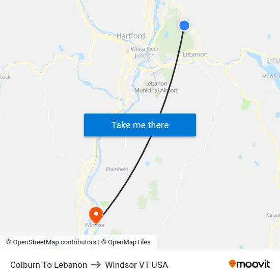 Colburn To Lebanon to Windsor VT USA map