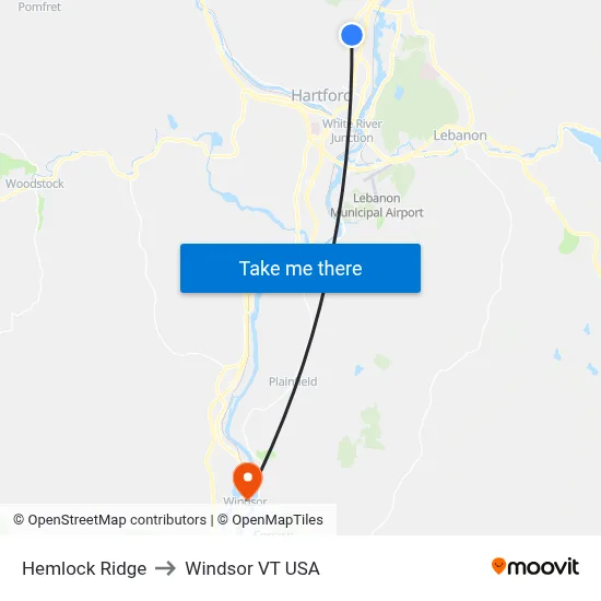 Hemlock Ridge to Windsor VT USA map