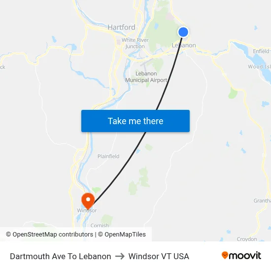 Dartmouth Ave To Lebanon to Windsor VT USA map