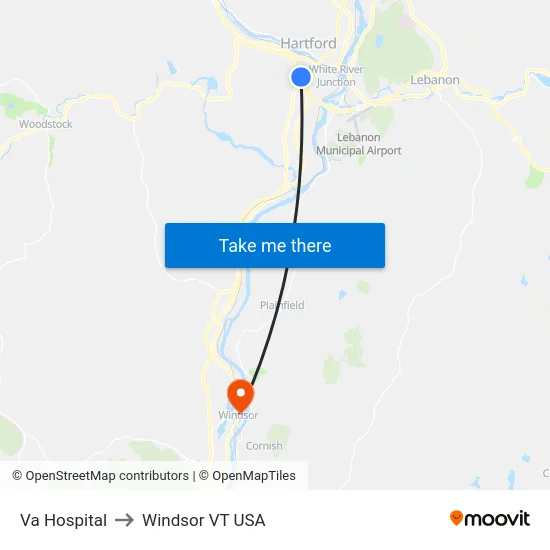 Va Hospital to Windsor VT USA map
