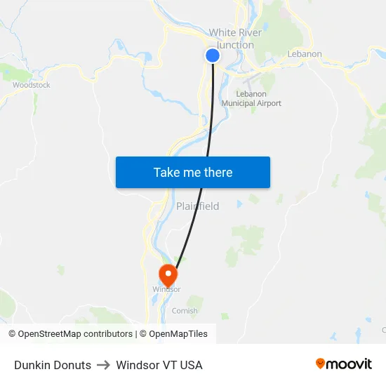Dunkin Donuts to Windsor VT USA map
