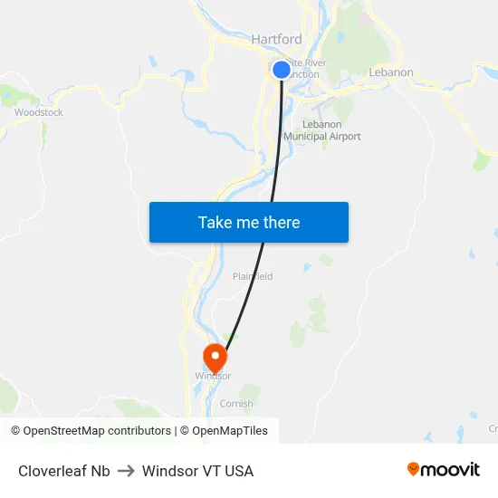 Cloverleaf Nb to Windsor VT USA map