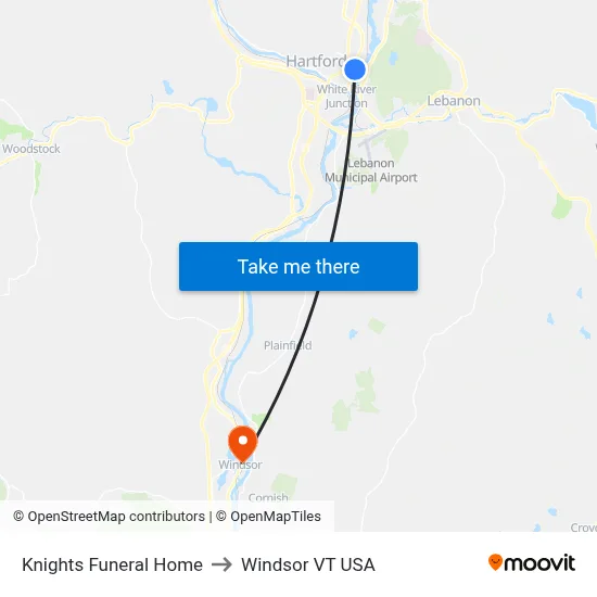 Knights Funeral Home to Windsor VT USA map