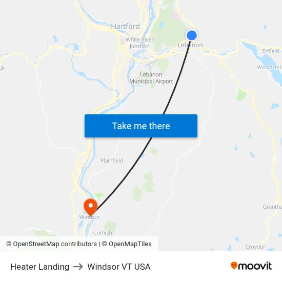 Heater Landing to Windsor VT USA map