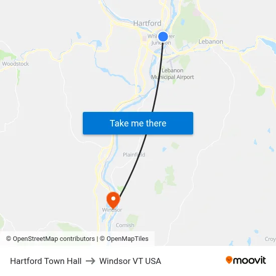 Hartford Town Hall to Windsor VT USA map