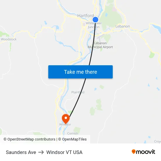 Saunders Ave to Windsor VT USA map