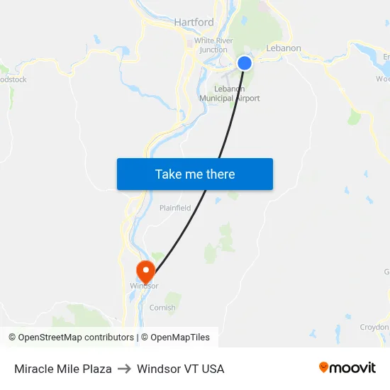 Miracle Mile Plaza to Windsor VT USA map