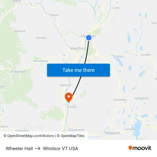 Wheeler Hall to Windsor VT USA map