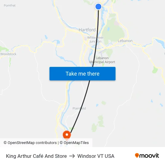 King Arthur Café And Store to Windsor VT USA map