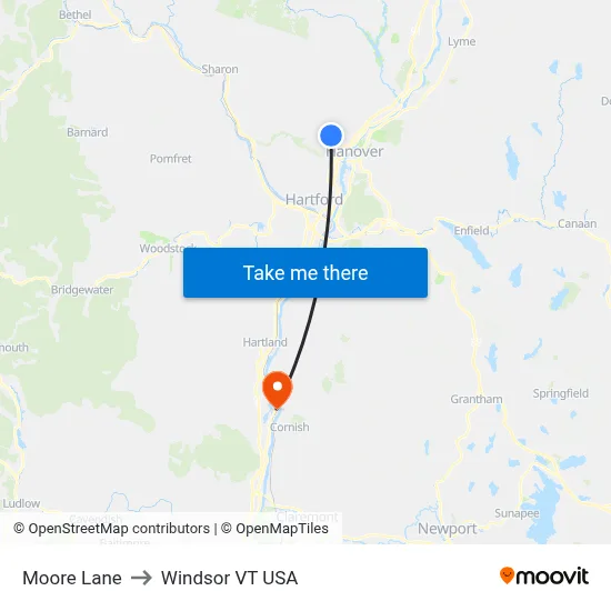 Moore Lane to Windsor VT USA map