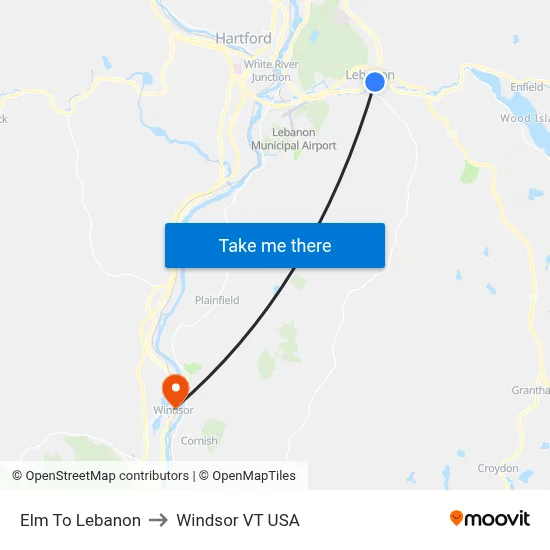 Elm To Lebanon to Windsor VT USA map