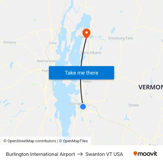 Burlington International Airport to Swanton VT USA map