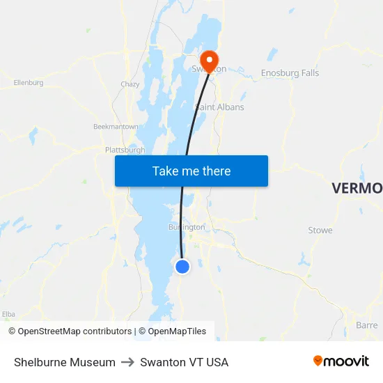 Shelburne Museum to Swanton VT USA map