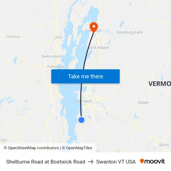 Shelburne Road at Bostwick Road to Swanton VT USA map