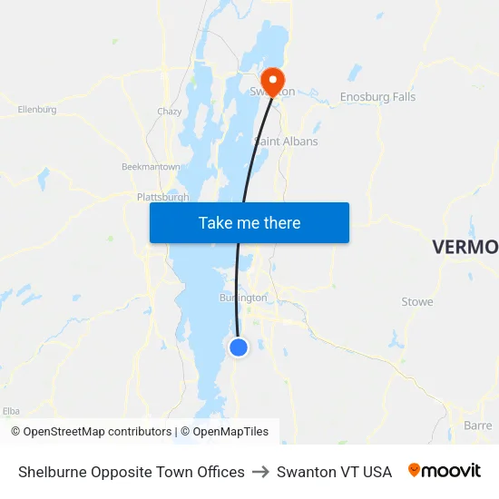 Shelburne Opposite Town Offices to Swanton VT USA map